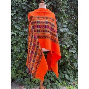 Vintage Orange Woven Poncho Geometric Pattern Blanket Fringe